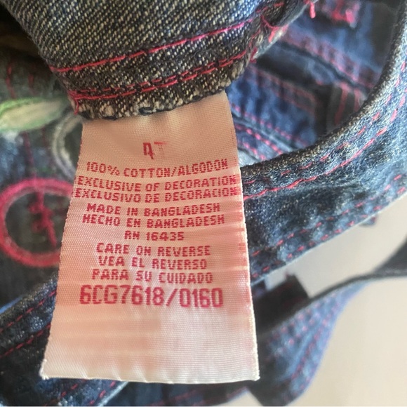 Y2K Denim Overall Shorts 4T Flower Patchwork Ric Rac Shortalls Ruffles - Picture 4 of 5